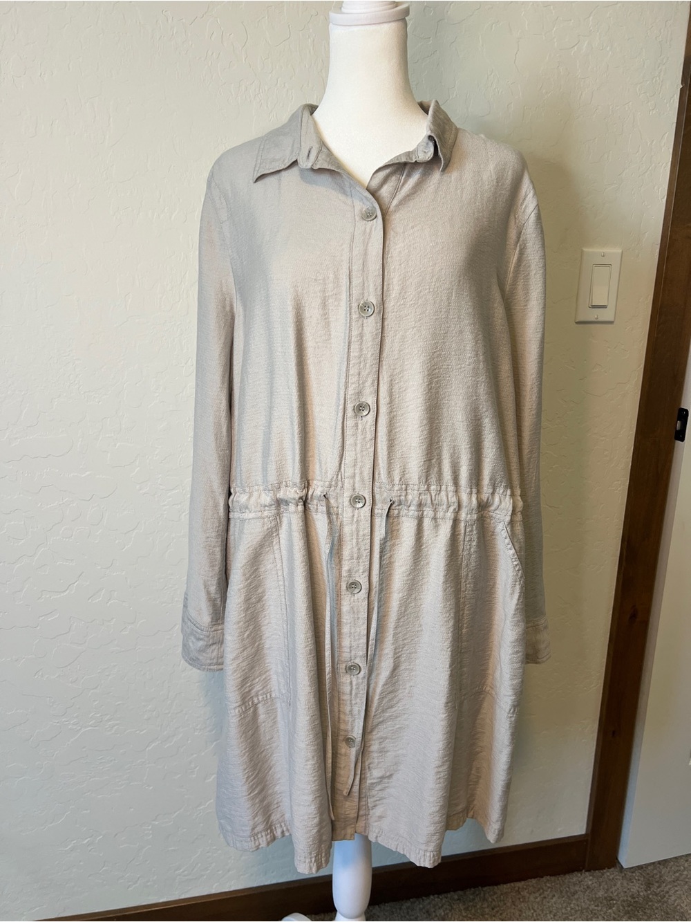Chico’s Silver Gray Lagenlook Shirt Dress Button Up Long Sleeve Tie Waist 2/L/12